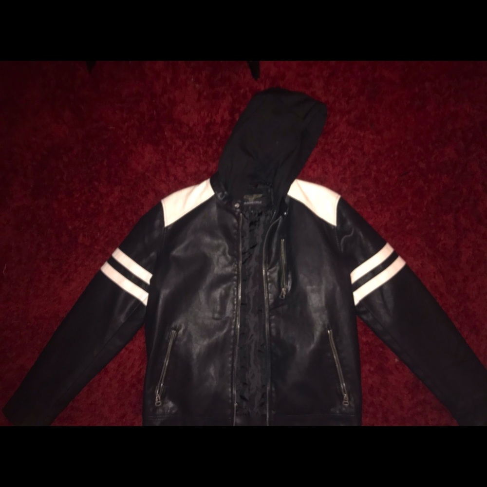 Wilsons Cycle hooded leather and denim jacket